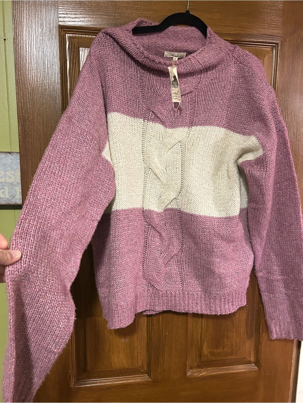 Easel NWTCozy Cable-Knit Stripe Sweater - Dusty Rose & Cream